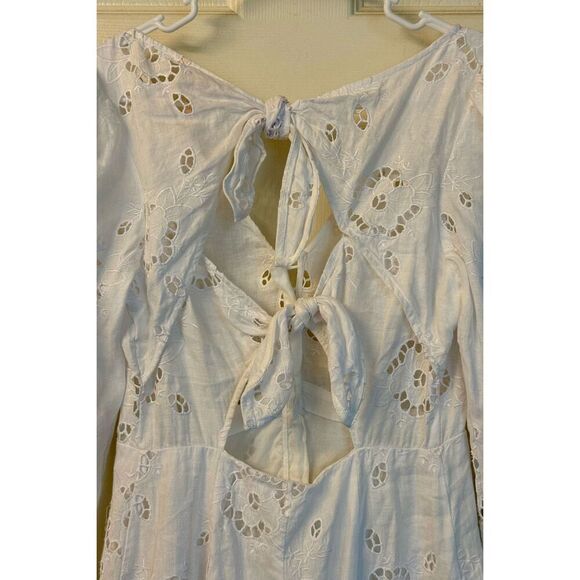 Rebecca Taylor Terri Dress Embroidered White Linen Midi Dress with Tie Back 4 - Picture 6 of 12